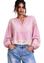 Women’s Boho Pink Plaid Floral Patchwork Long Sleeve Shirt