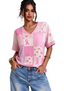 Women's Pink Patchwork Floral V Neck Short Sleeve T-Shirt