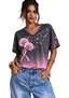 Women's Gradient Gray Pink V Neck Dandelion Heart Short Sleeve T-Shirt
