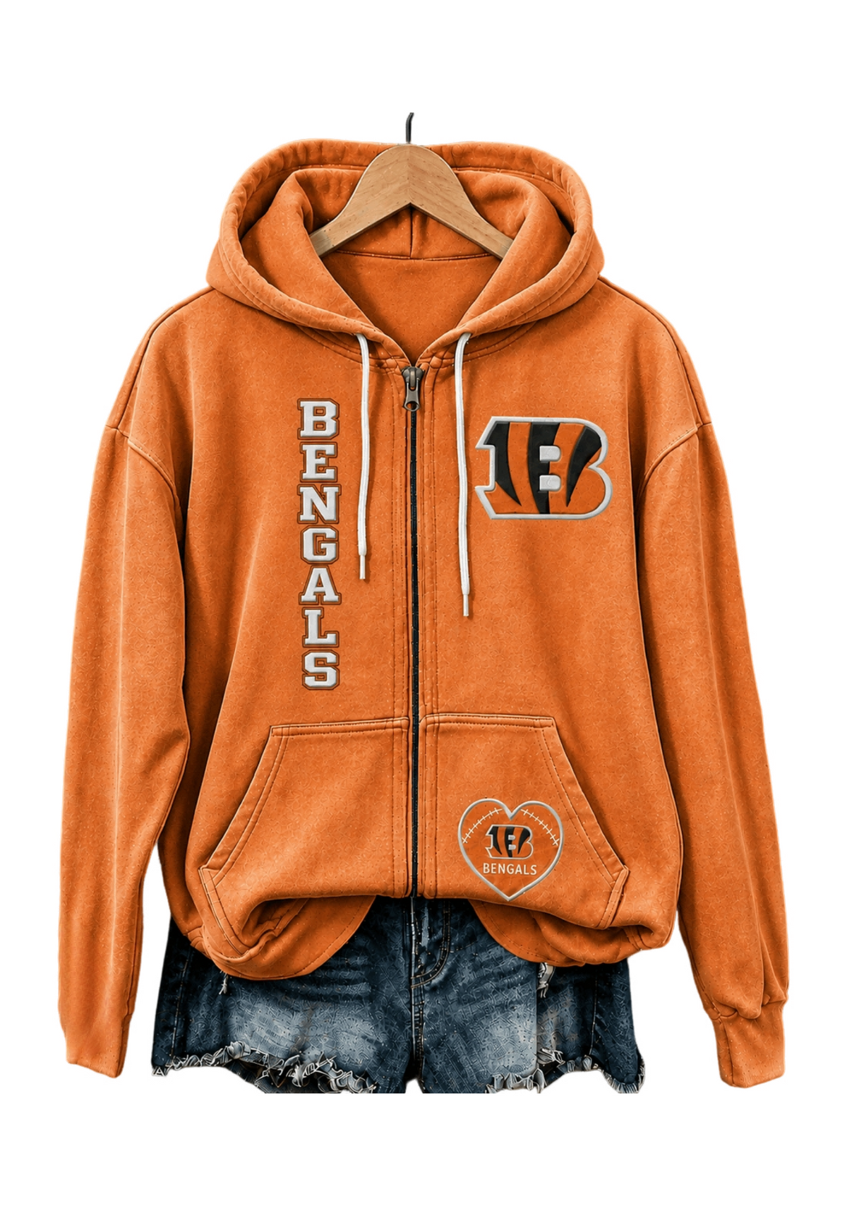 Cincinnati Bengals Women Heart Football Graphic Zip Up Hoodie
