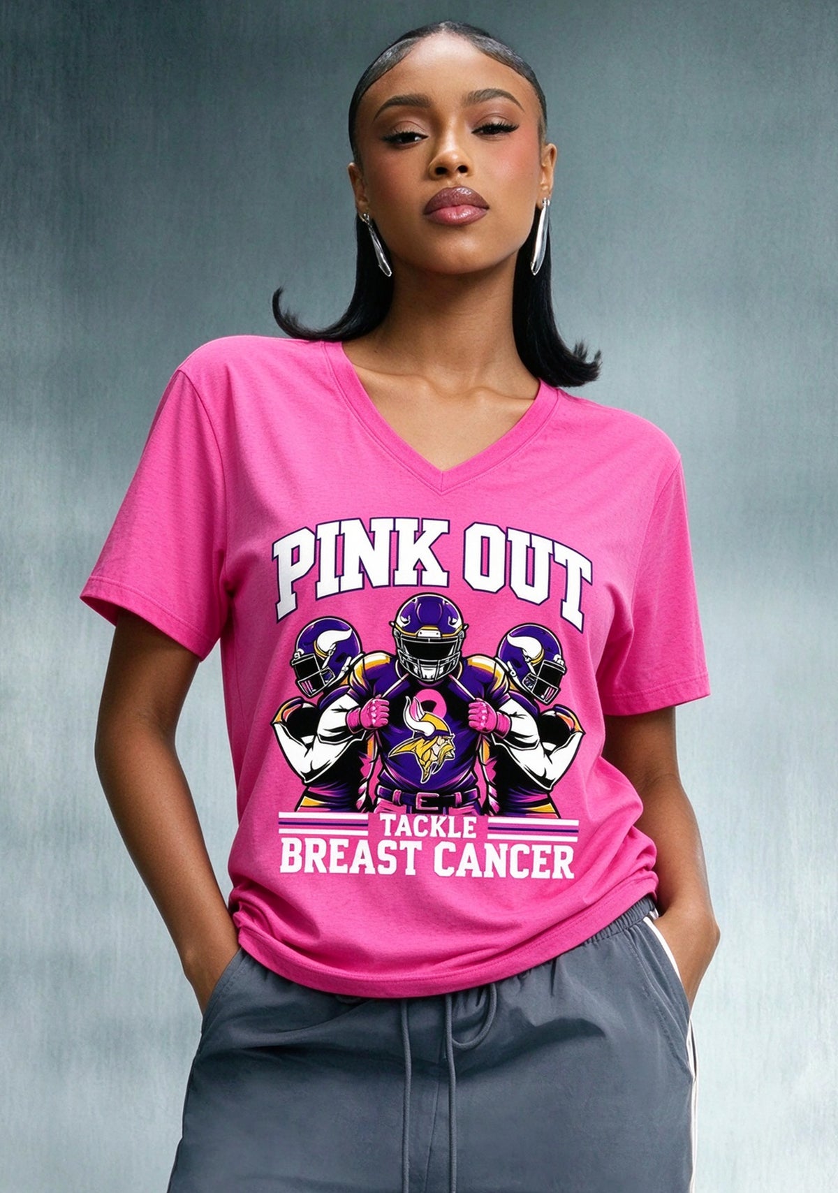 Minnesota Vikings Pink Out Tackle Breast Cancer Awareness V-Neck T-Shirt