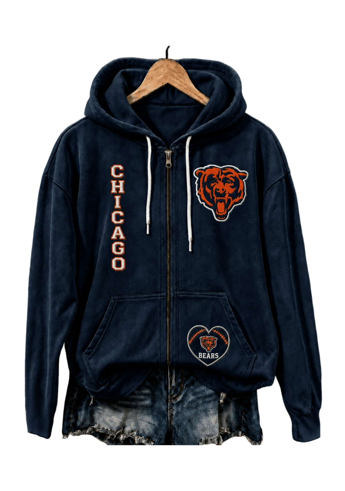 Chicago Bears Women Heart Football Graphic Zip Up Hoodie