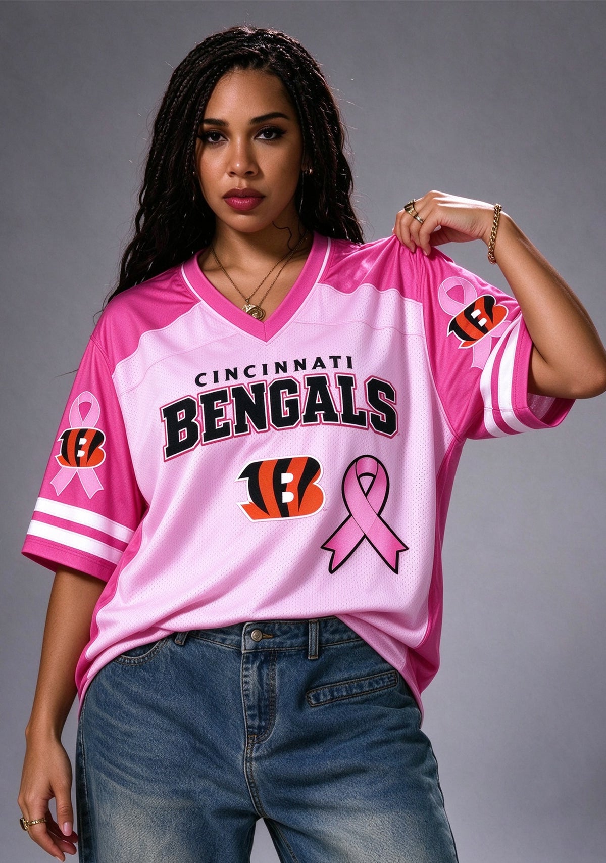 Women Cincinnati Bengals Breast Cancer Awareness Pink Ribbon Mesh Jersey