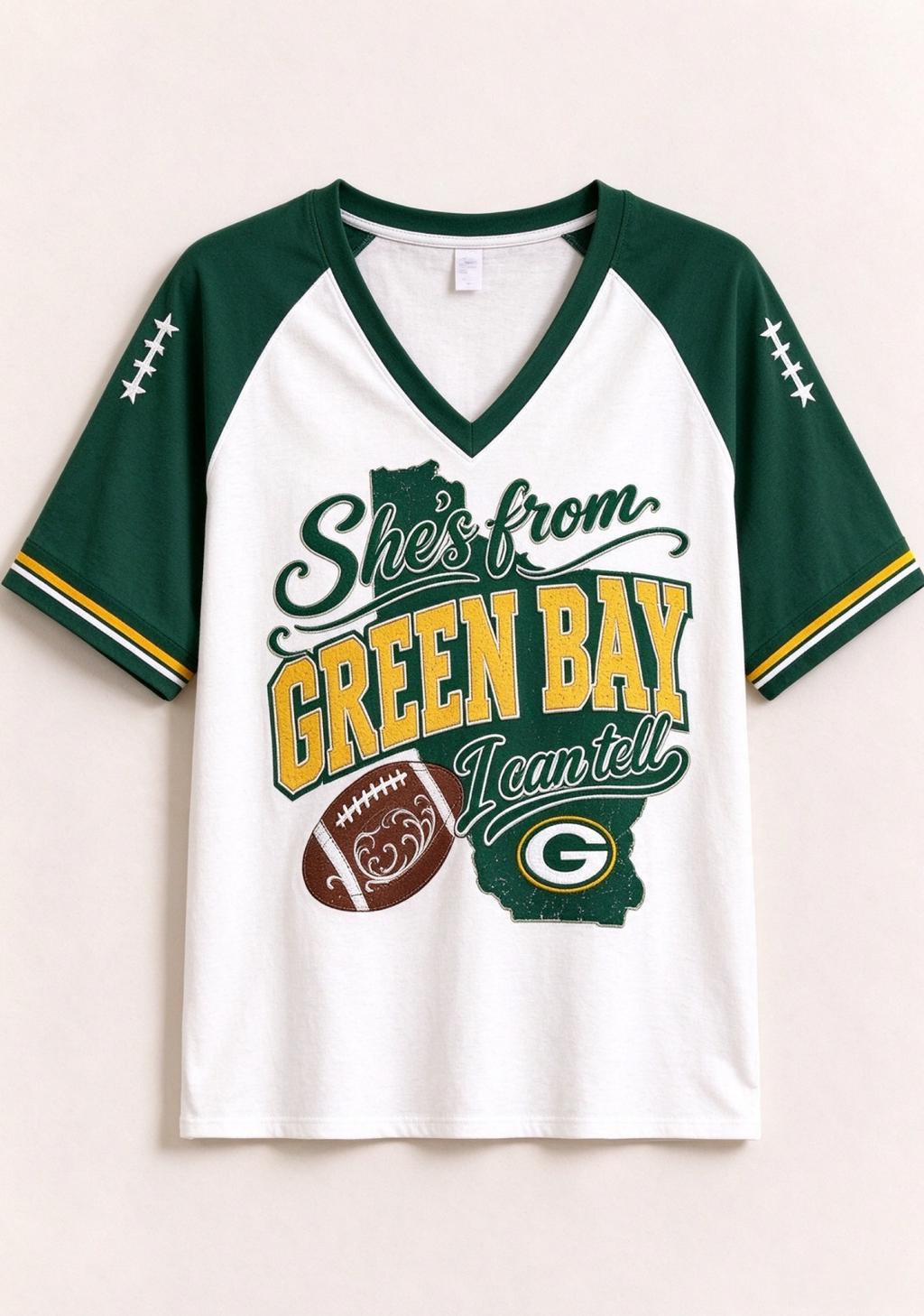 Women She's From Green Bay I Can Tell Football Game Day V-Neck T-Shirt