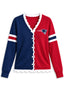 Women's New England Patriots Color Block Scalloped Trim V-Neck Button Cardigan