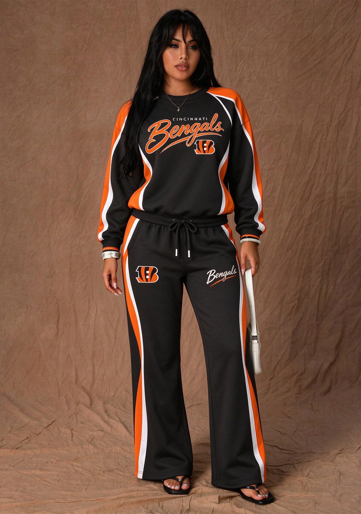 Women's Cincinnati Bengals Crewneck Sweatshirt & Flared Pants 2 Piece Set
