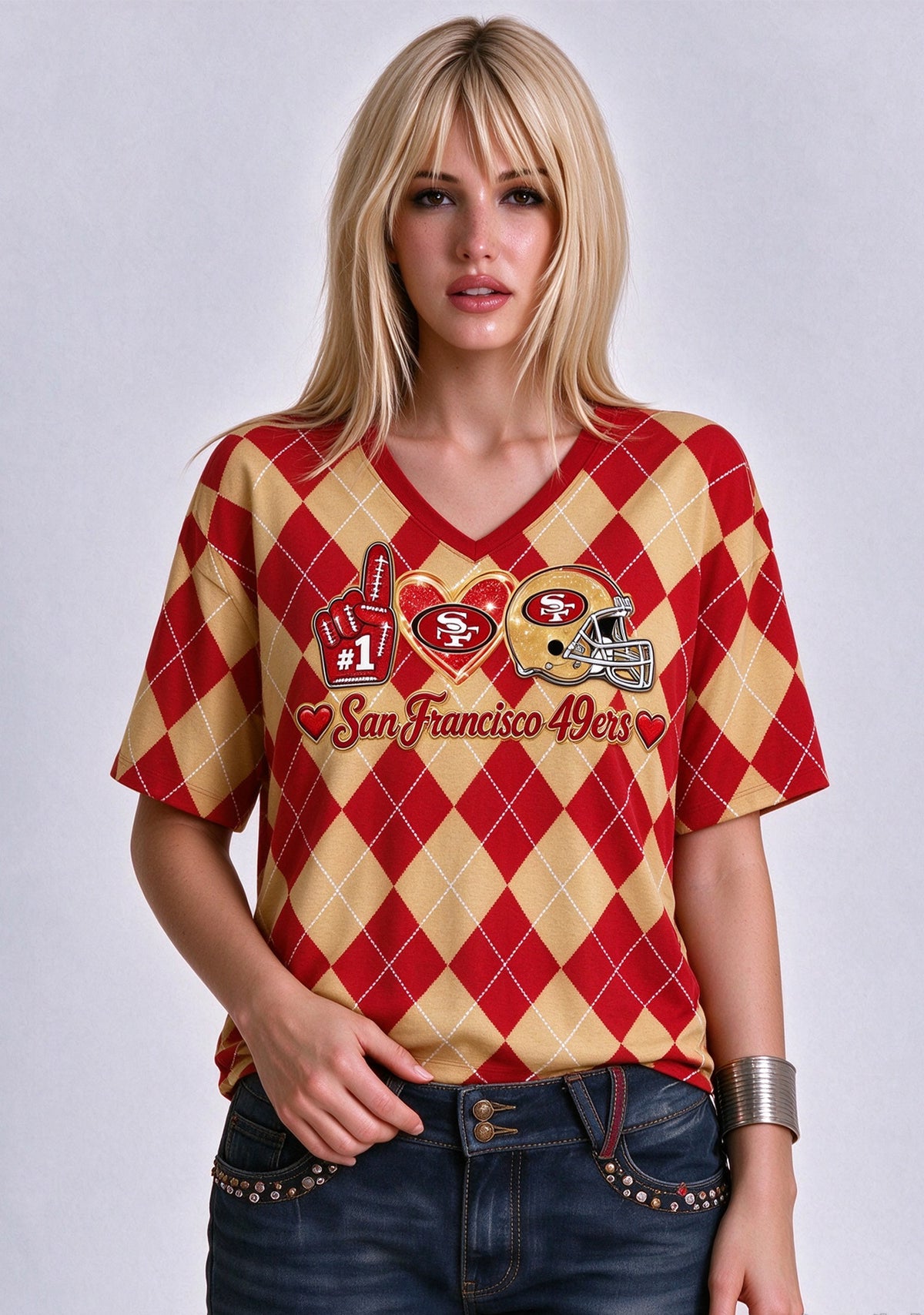 Women's San Francisco 49ers Argyle #1 Fan Heart Helmet V-NeckT-Shirt Main image