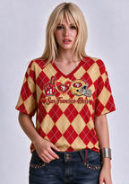 Women's San Francisco 49ers Argyle #1 Fan Heart Helmet V-NeckT-Shirt
