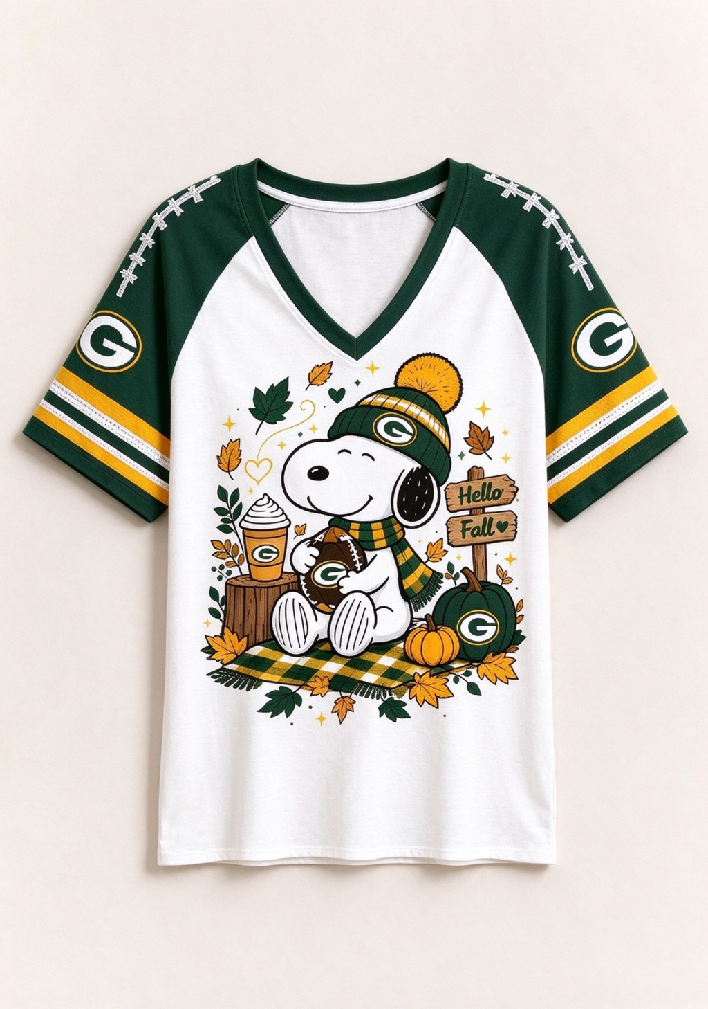Women Green Bay Snoopy Hello Fall Raglan Game Day V-Neck T-Shirt