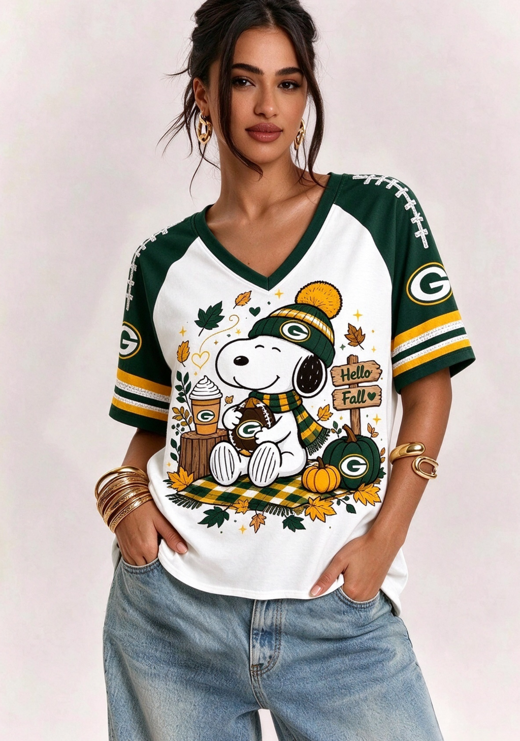 Women Green Bay Snoopy Hello Fall Raglan Game Day V-Neck T-Shirt