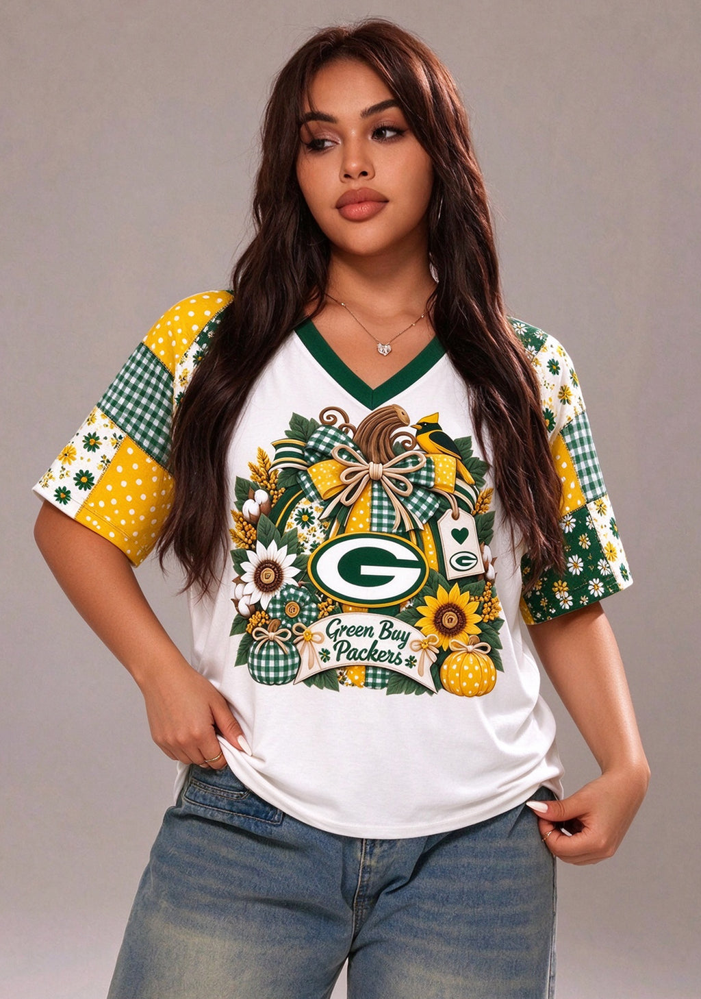 Women's Green Bay Packers Patchwork Sleeve V-Neck Raglan T-Shirt