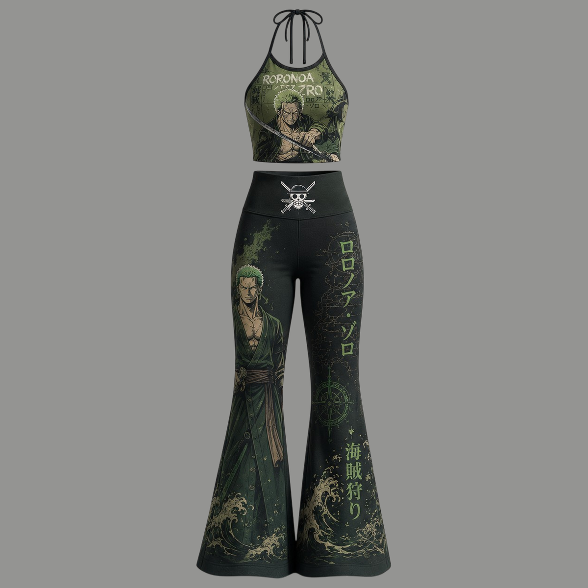 One Piece Halter Crop Top + High Waist Flared Pants Matching 2-Piece Set Main image