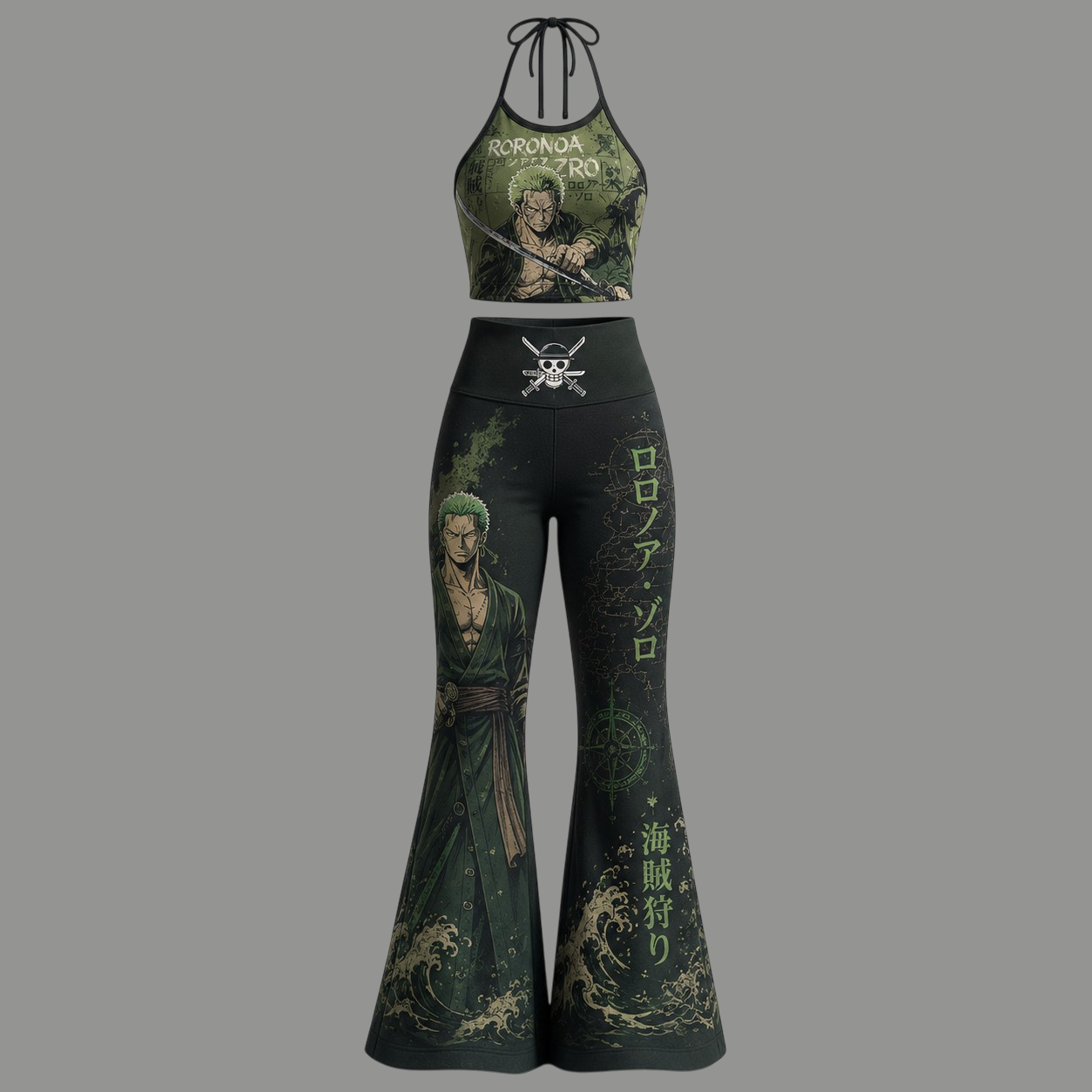 One Piece Halter Crop Top + High Waist Flared Pants Matching 2-Piece Set