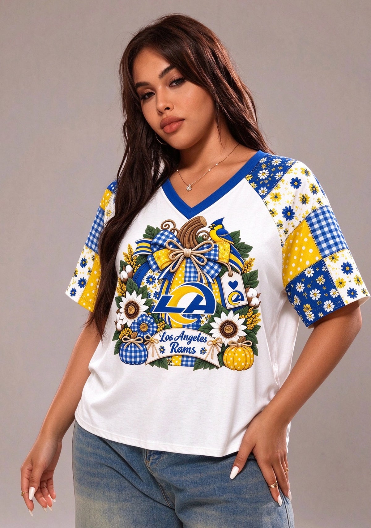 Women's Los Angeles Rams Patchwork Sleeve V-Neck Raglan T-Shirt