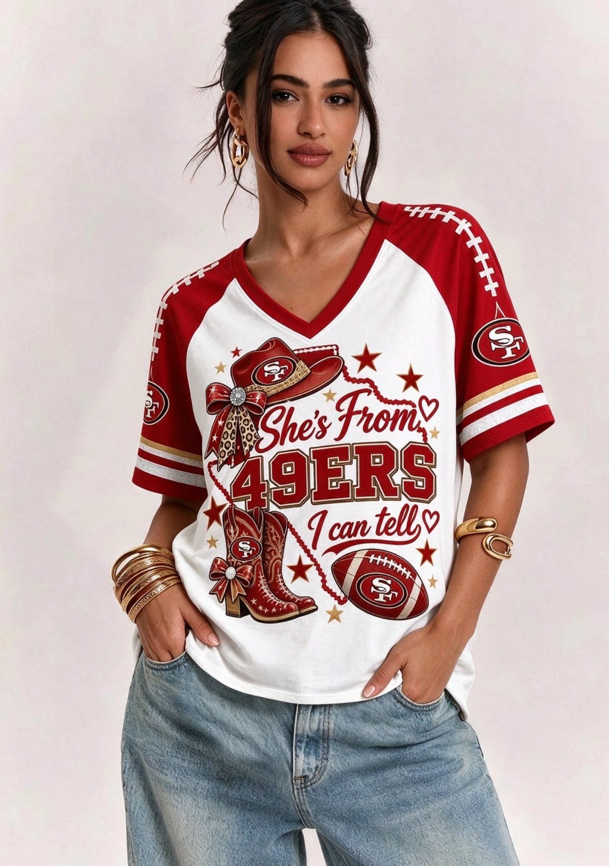Women She's From 49ers I Can Tell Cowboy Boots Hat Game Day V-Neck T-Shirt