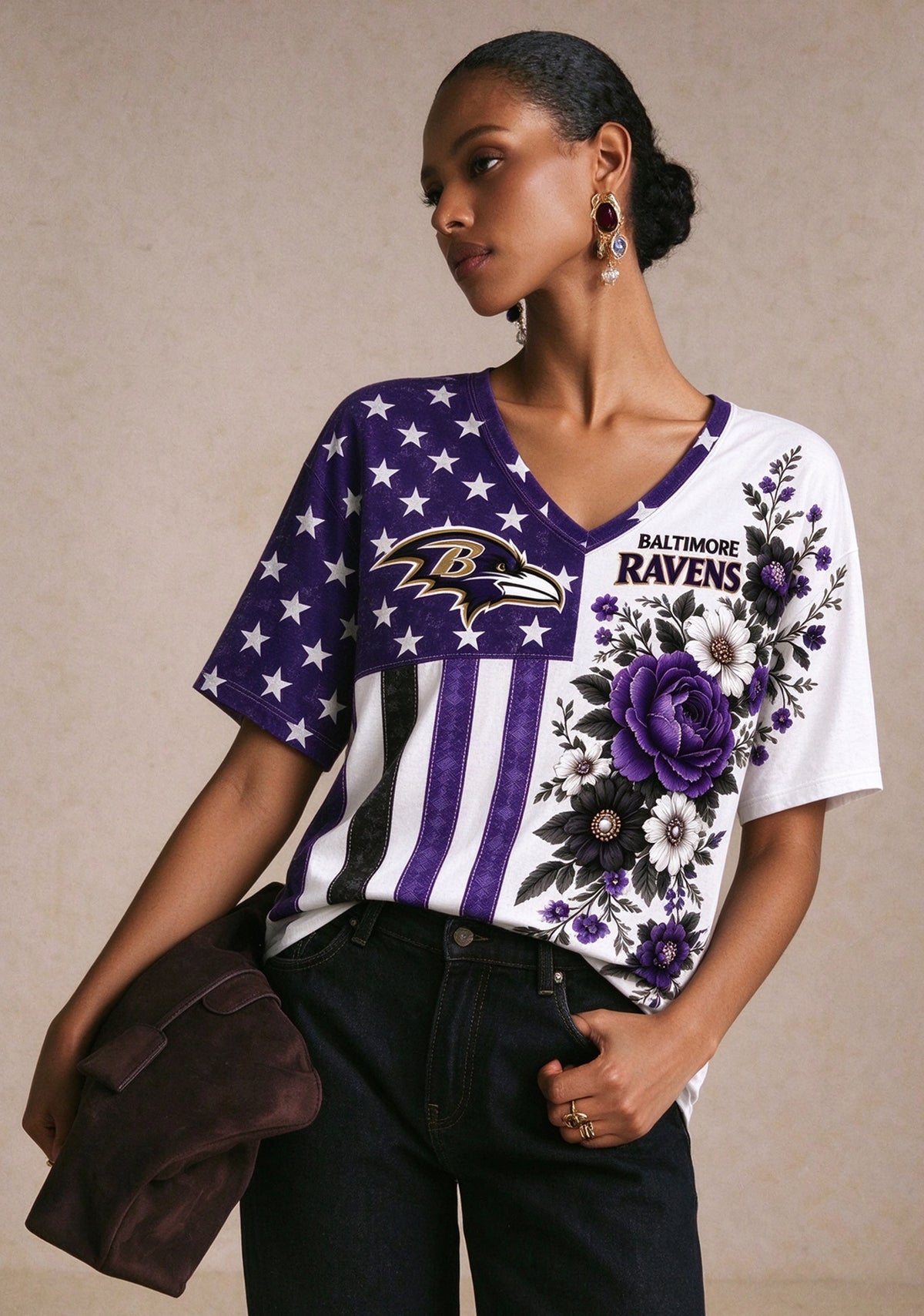 Women's Baltimore Ravens American Flag Floral V-Neck T-Shirt