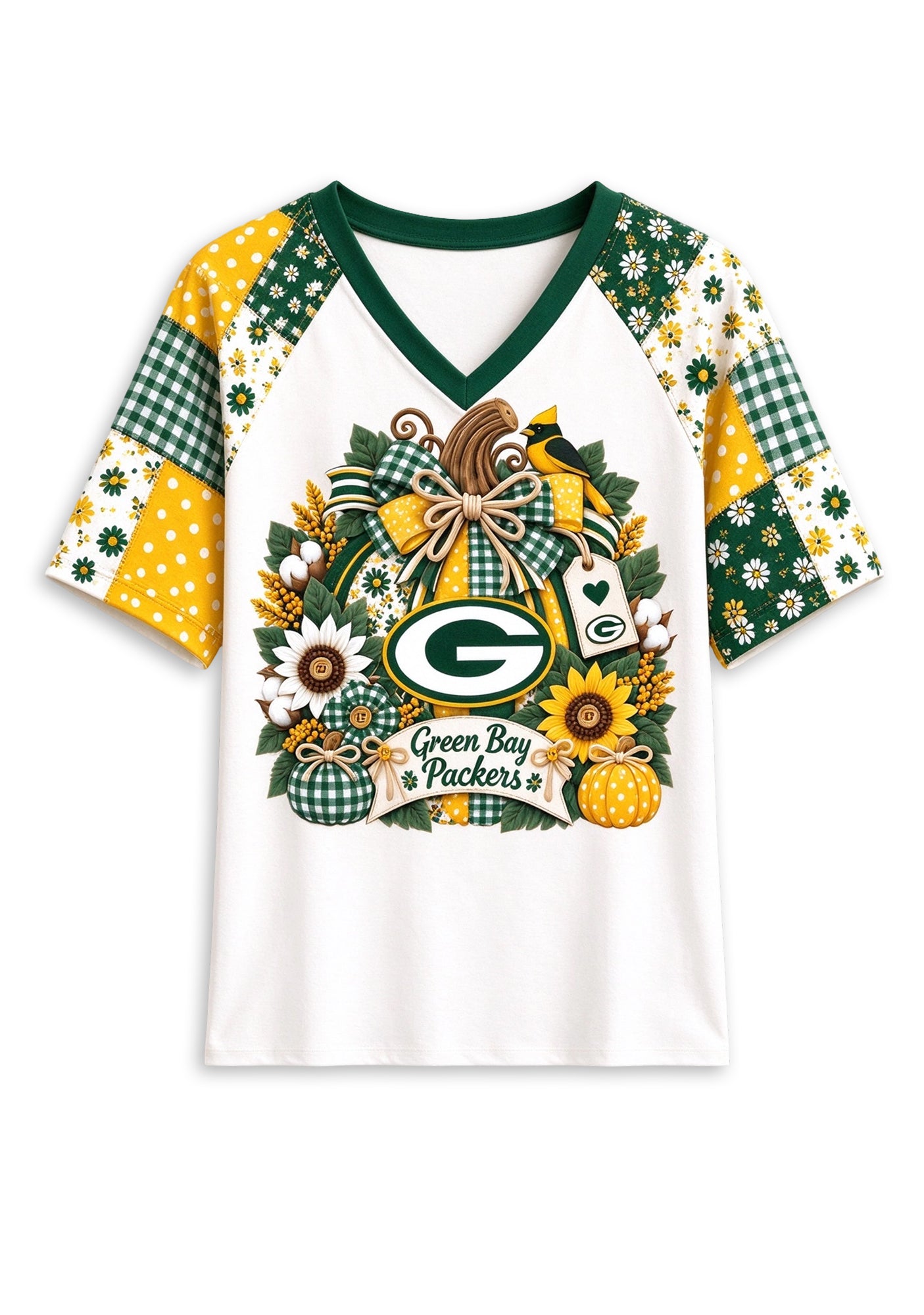 Women's Green Bay Packers Patchwork Sleeve V-Neck Raglan T-Shirt Secondary image