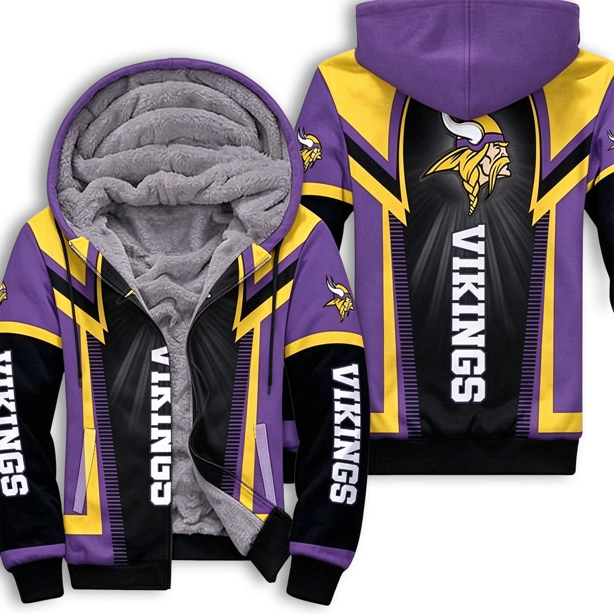 Minnesota Vikings Geometric Color Block Fleece Lined Zip Up Football Fan Hooded Jacket
