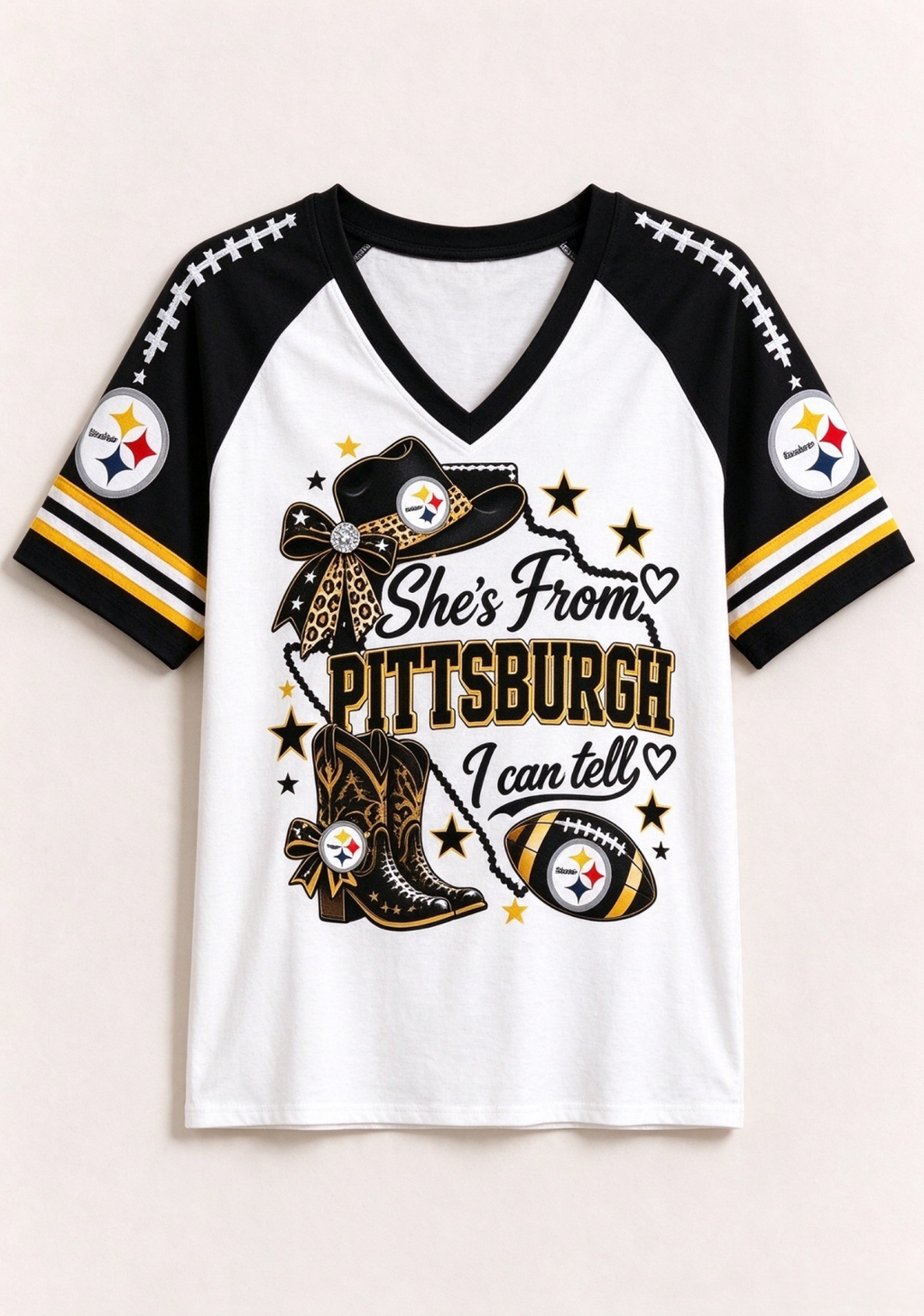 Women She's From Pittsburgh I Can Tell Western Cowboy Game Day V-Neck T-Shirt