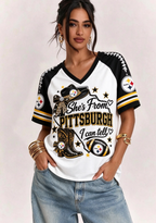 Women She's From Pittsburgh I Can Tell Western Cowboy Game Day V-Neck T-Shirt