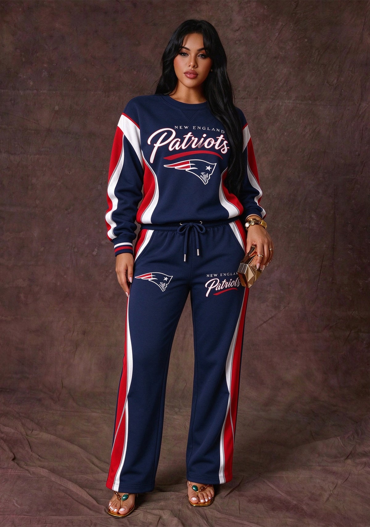 Women's New England Patriots Crewneck Sweatshirt & Flared Pants 2 Piece Set