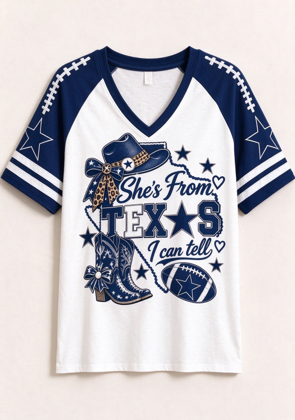 Women She's From Texas I Can Tell Cowboy Hat Boots Game Day V-Neck T-Shirt