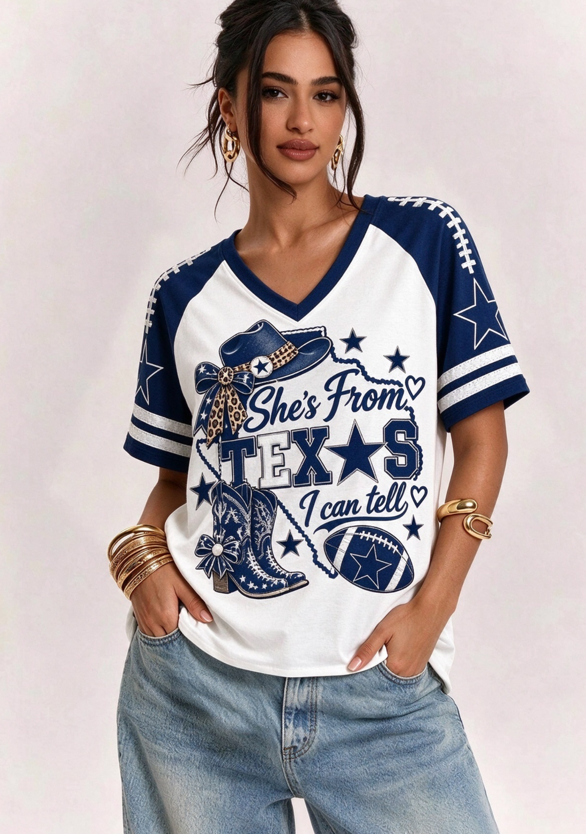 Women She's From Texas I Can Tell Cowboy Hat Boots Game Day V-Neck T-Shirt Main image