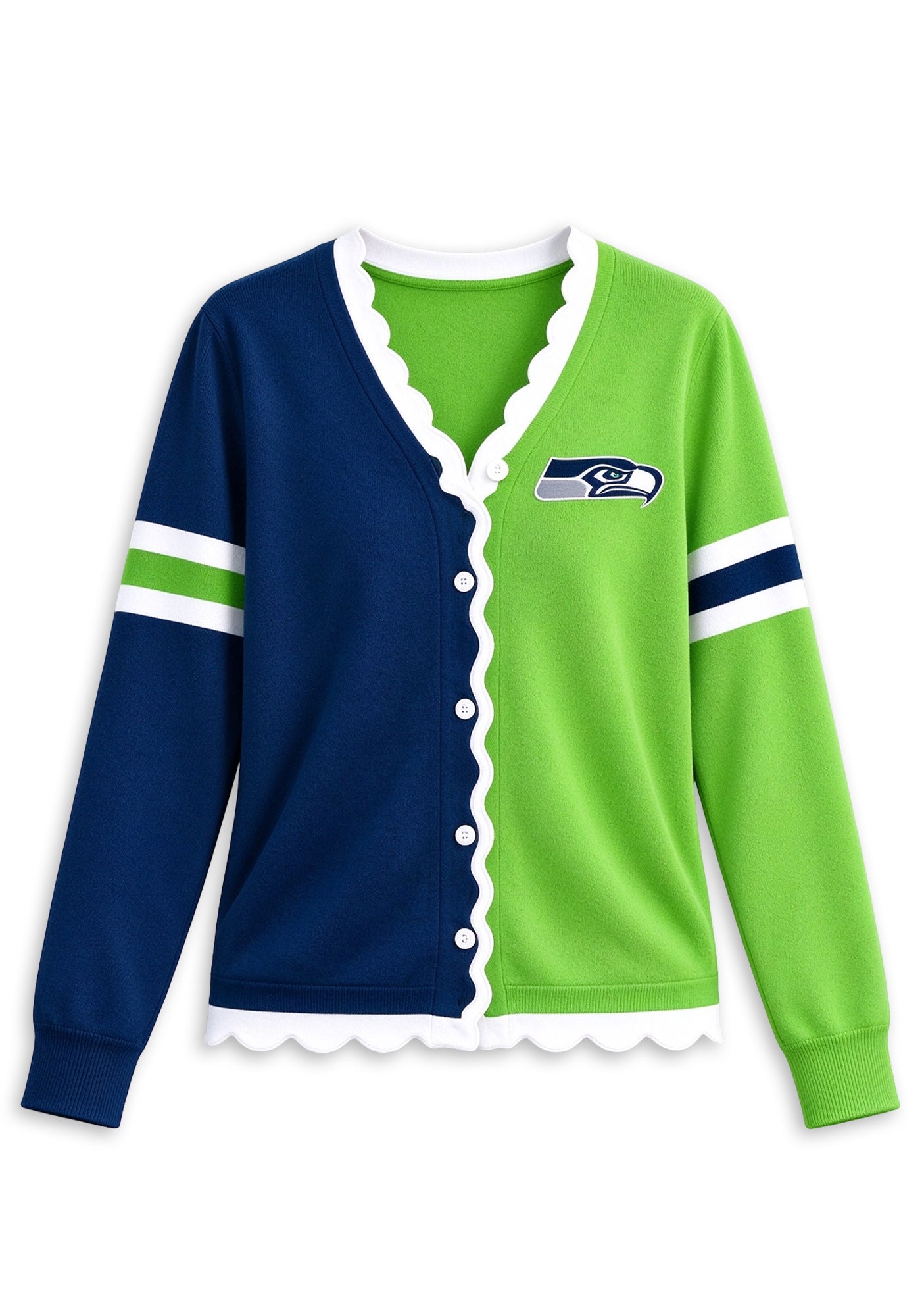 Women's Seattle Seahawks Color Block Scalloped Trim V-Neck Button Cardigan Secondary image