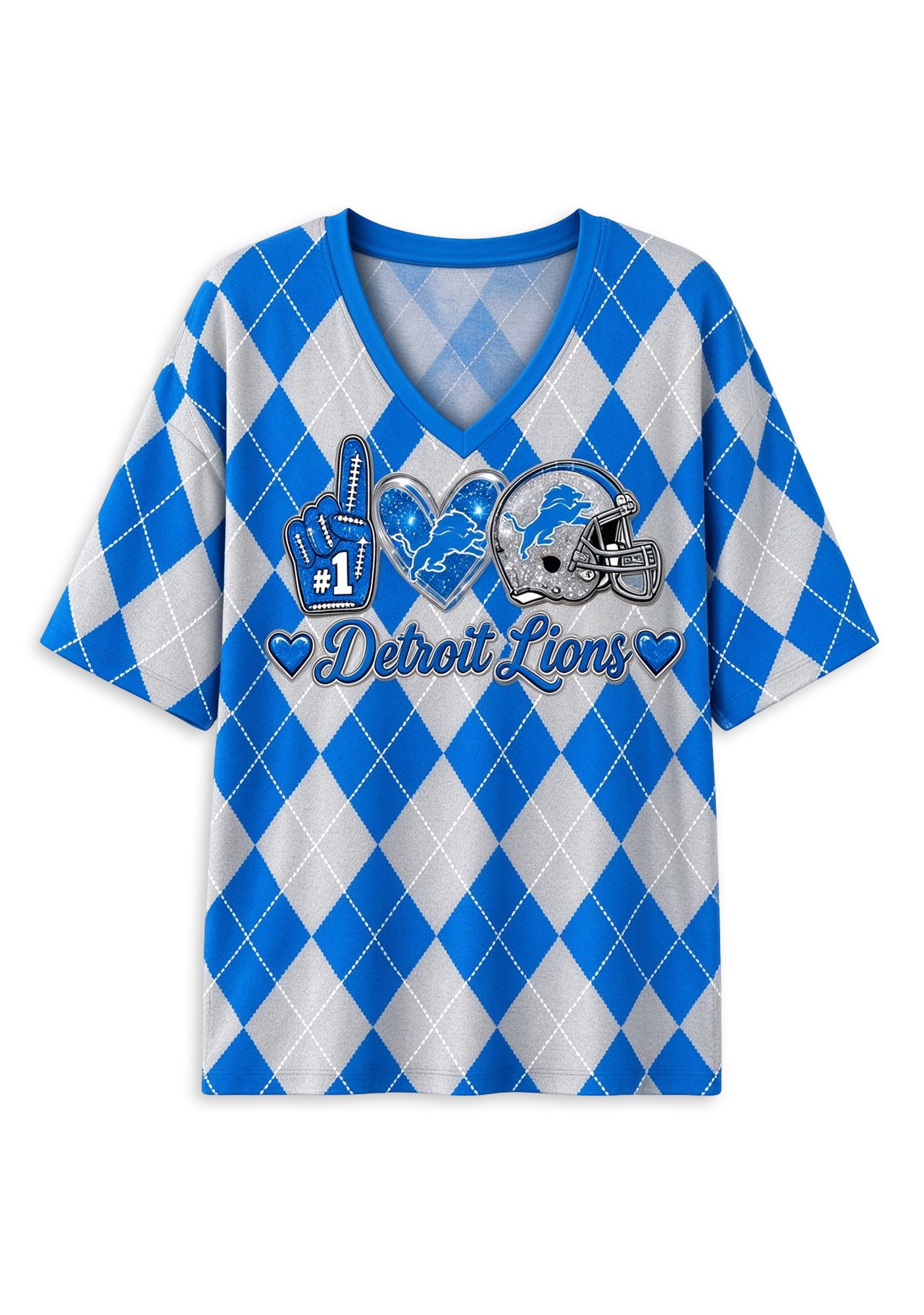 Women's Detroit Lions Argyle #1 Fan Heart Helmet V-Neck T-Shirt Secondary image