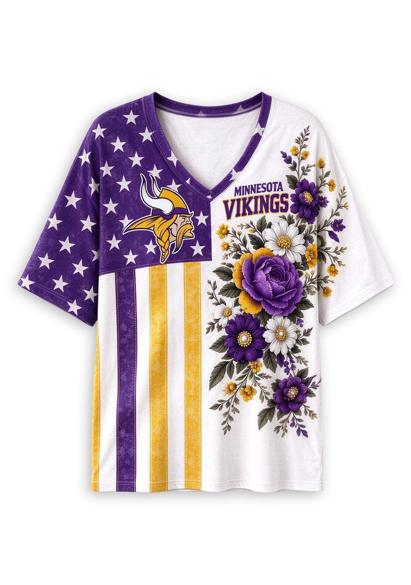 Women's Minnesota Vikings American Flag Floral V-Neck T-Shirt Secondary image