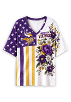 Women's Minnesota Vikings American Flag Floral V-Neck T-Shirt