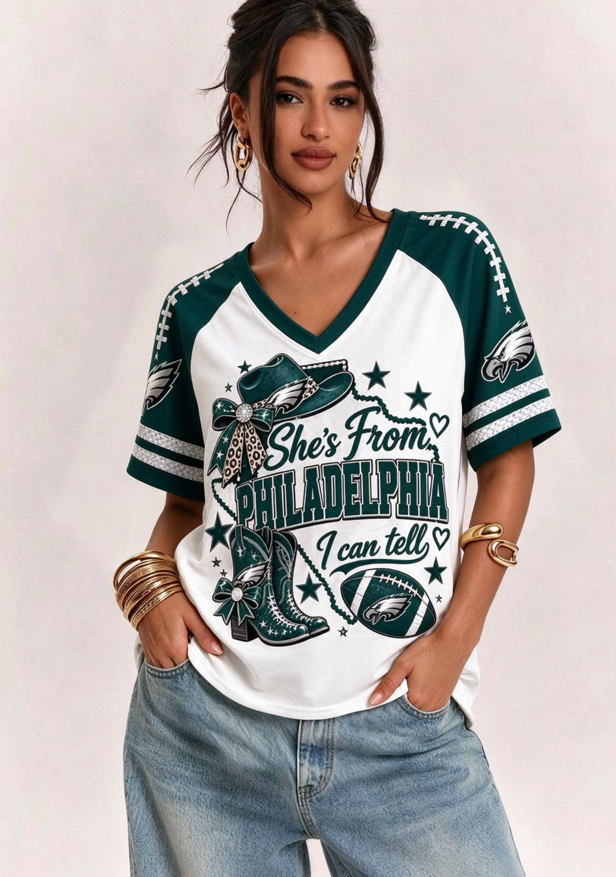 Women She's From Philadelphia I Can Tell Western Cowboy Game Day V-Neck T-Shirt