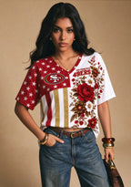 Women's San Francisco 49ers American Flag Floral V-Neck T-Shirt