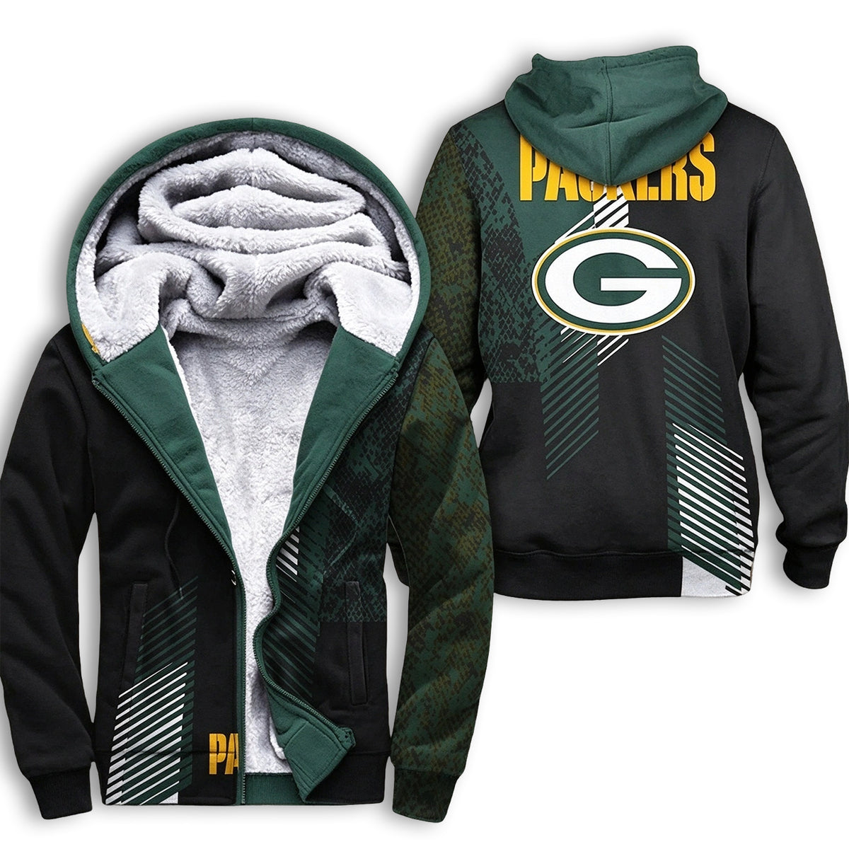 Green Bay Packers Camo Geometric Fleece Lined Zip Up Football Fan Hooded Jacket Main image