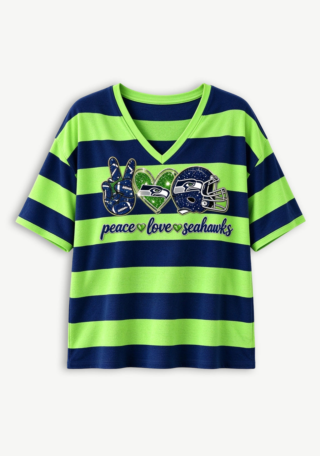 Women's Peace Love Seattle Seahawks Football Striped V Neck T-Shirt