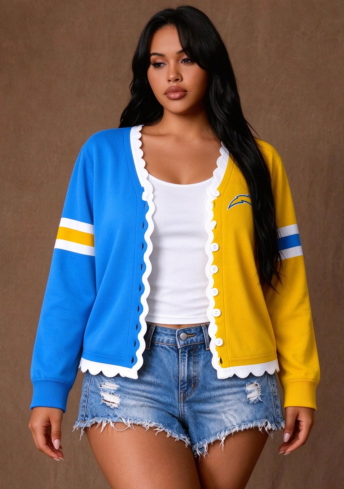 Women's Los Angeles Chargers Color Block Scalloped Trim V-Neck Button Cardigan Main image