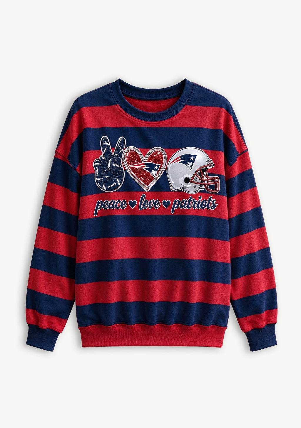 Women's Peace Love New England Patriots Striped Crewneck Sweatshirt