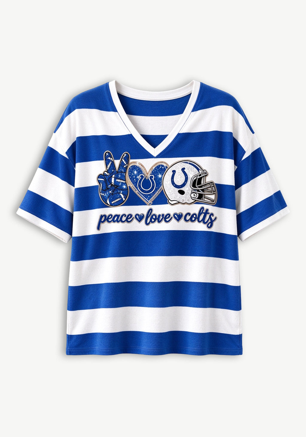 Women's Peace Love Indianapolis Colts Football Striped V Neck T-Shirt