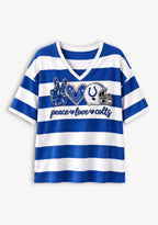 Women's Peace Love Indianapolis Colts Football Striped V Neck T-Shirt