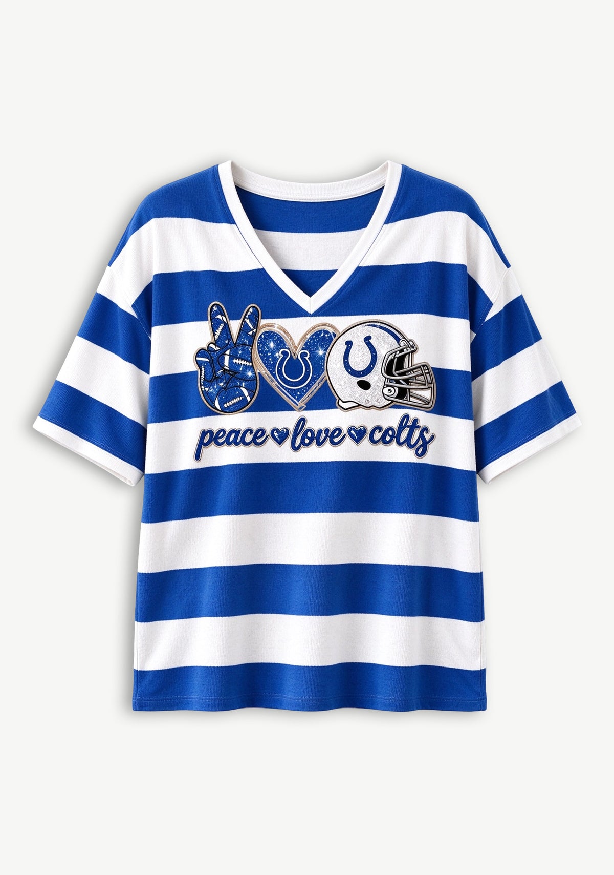Women's Peace Love Indianapolis Colts Football Striped V Neck T-Shirt