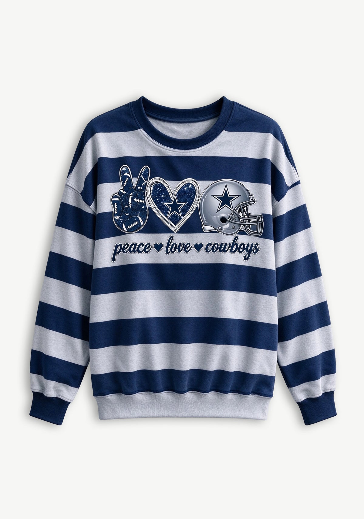 Women's Peace Love Dallas Cowboys Striped Crewneck Sweatshirt