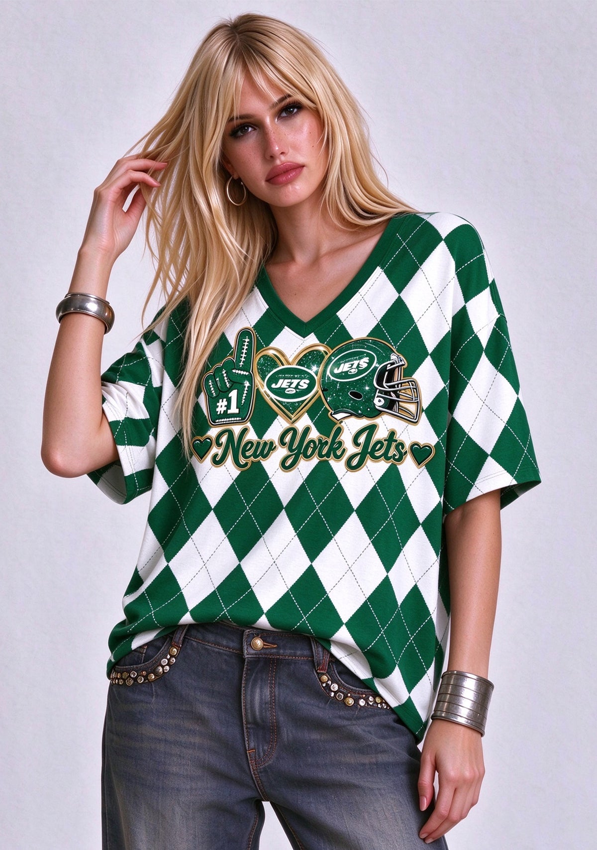 Women's New York Jets Argyle #1 Fan Heart Helmet V-Neck T-Shirt Main image