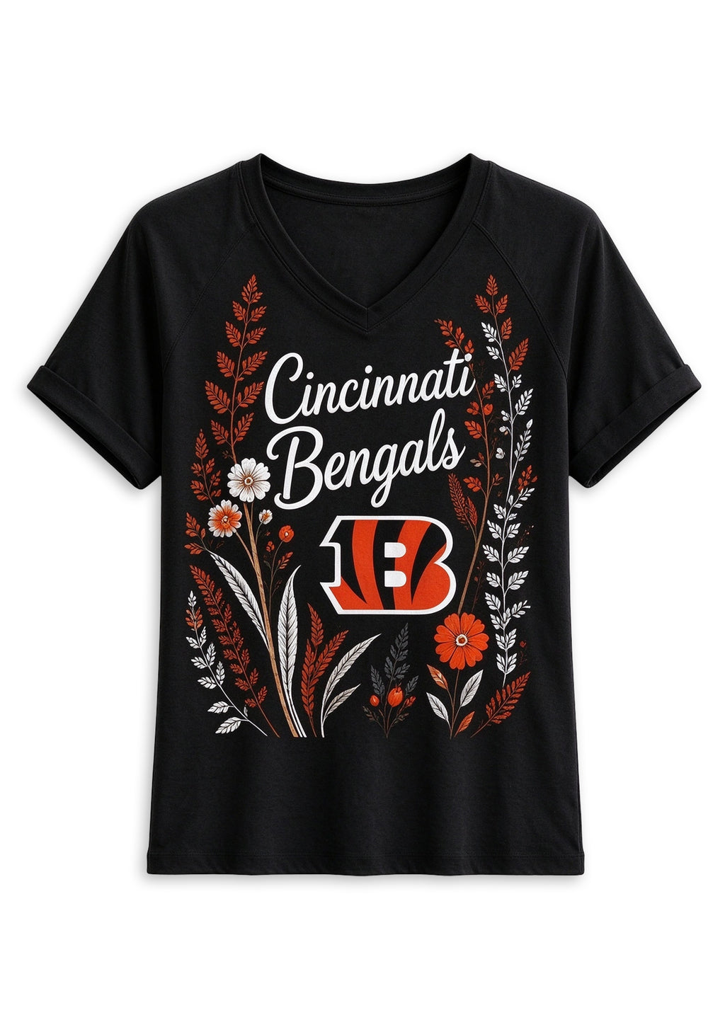 Women's Cincinnati Bengals Wildflower Graphic V-Neck Raglan Rolled T-Shirt