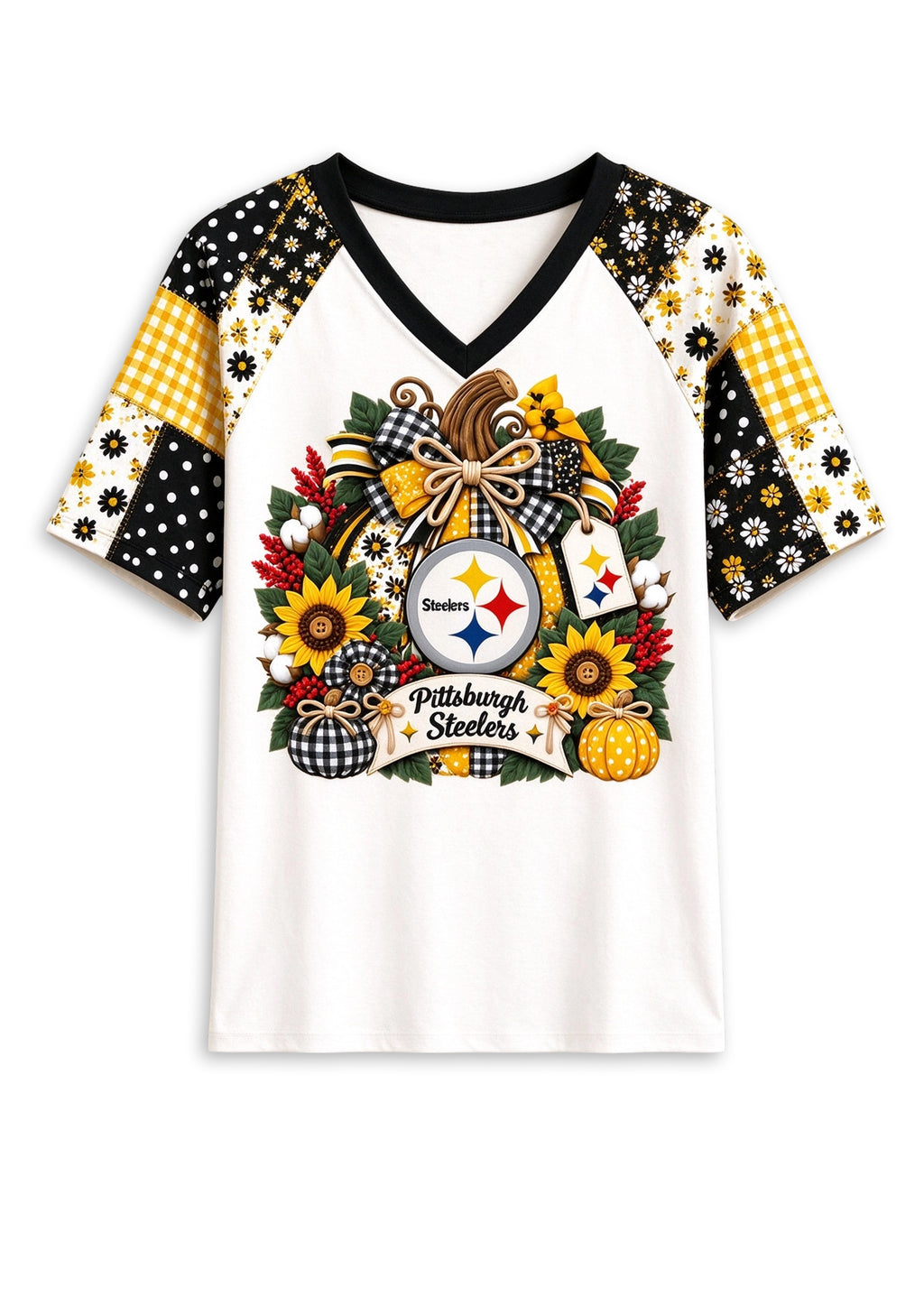Women's Pittsburgh Steelers Patchwork Sleeve V-Neck Raglan T-Shirt