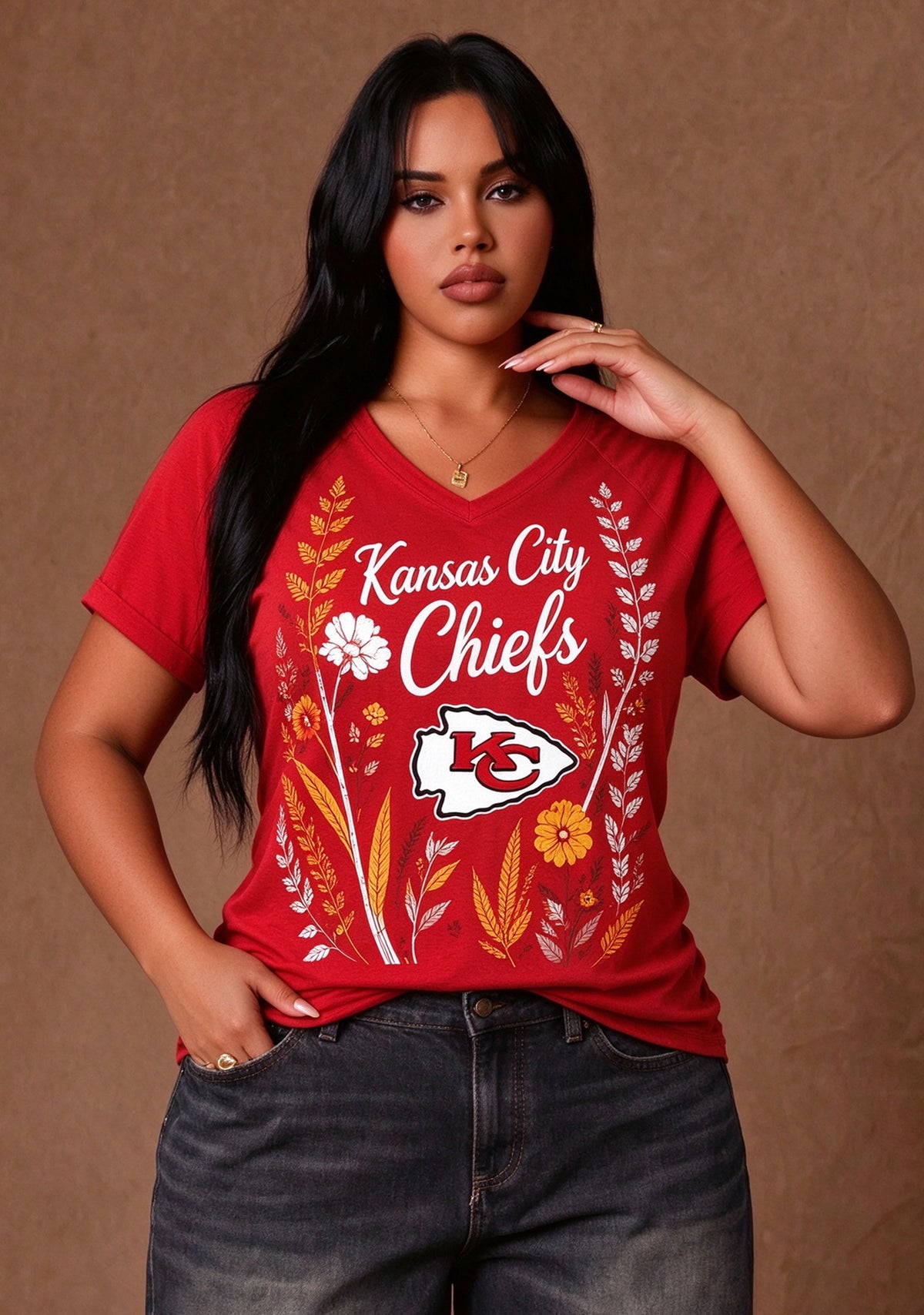 Women's Kansas City Chiefs Wildflower Graphic V-Neck Raglan Rolled T-Shirt