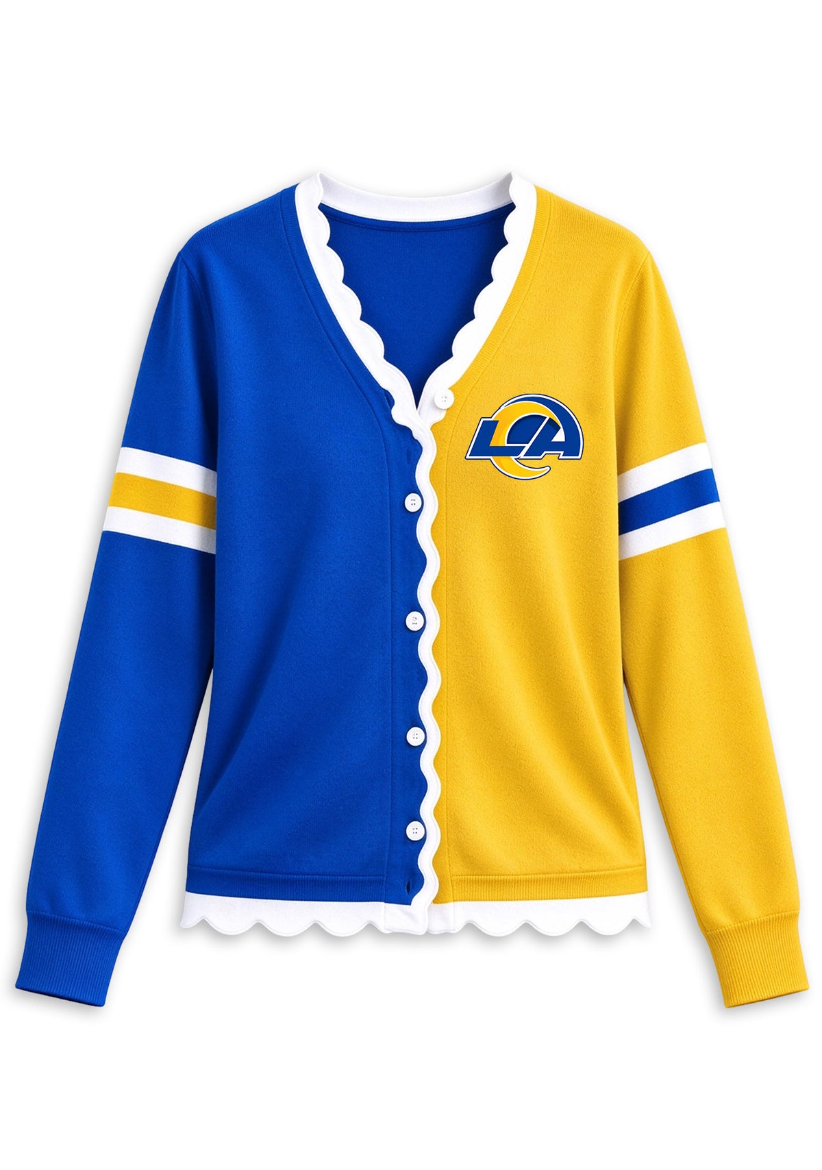 Women's Los Angeles Rams Color Block Scalloped Trim V-Neck Button Cardigan