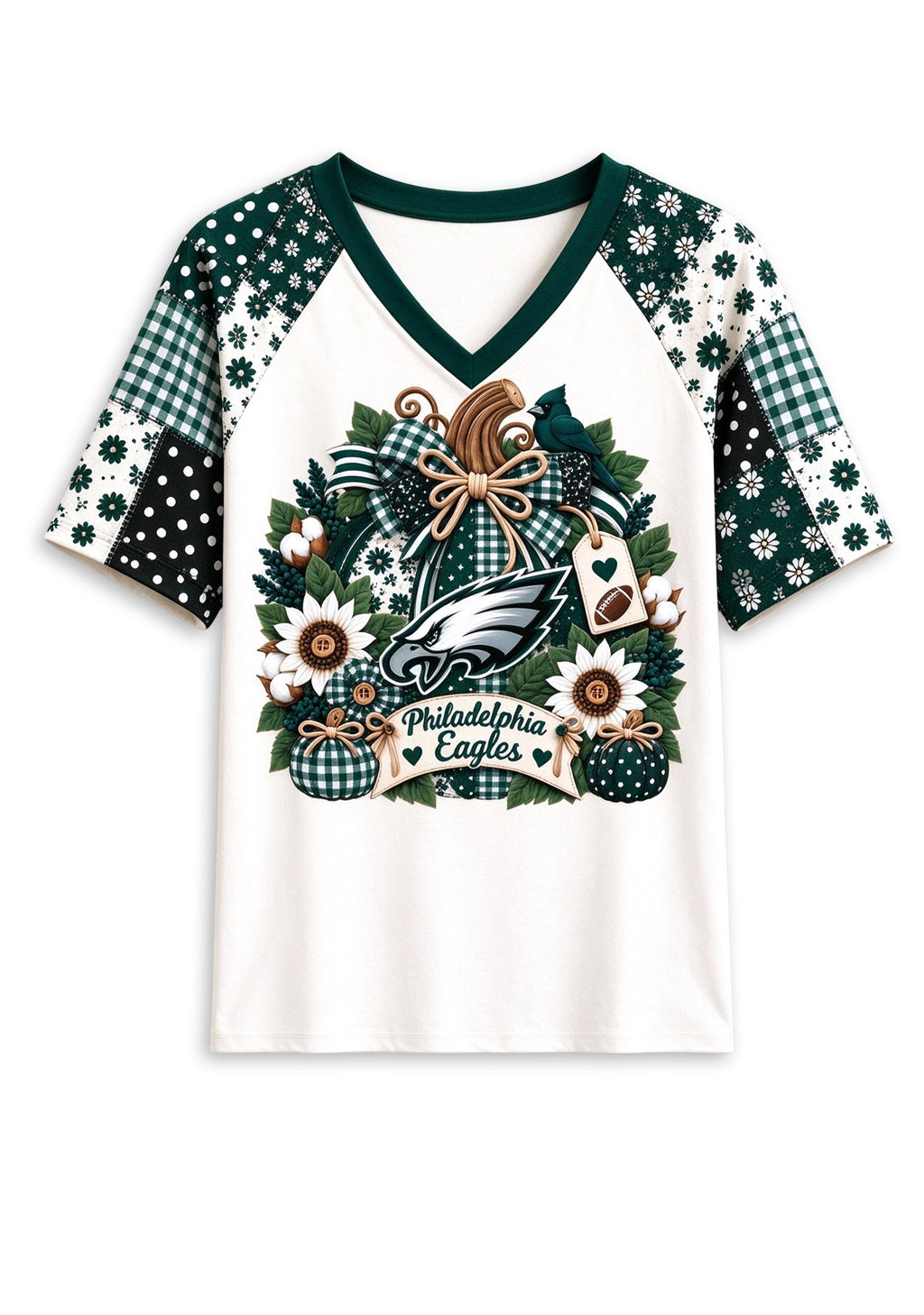 Women's Philadelphia Eagles Patchwork Sleeve V-Neck Raglan T-Shirt