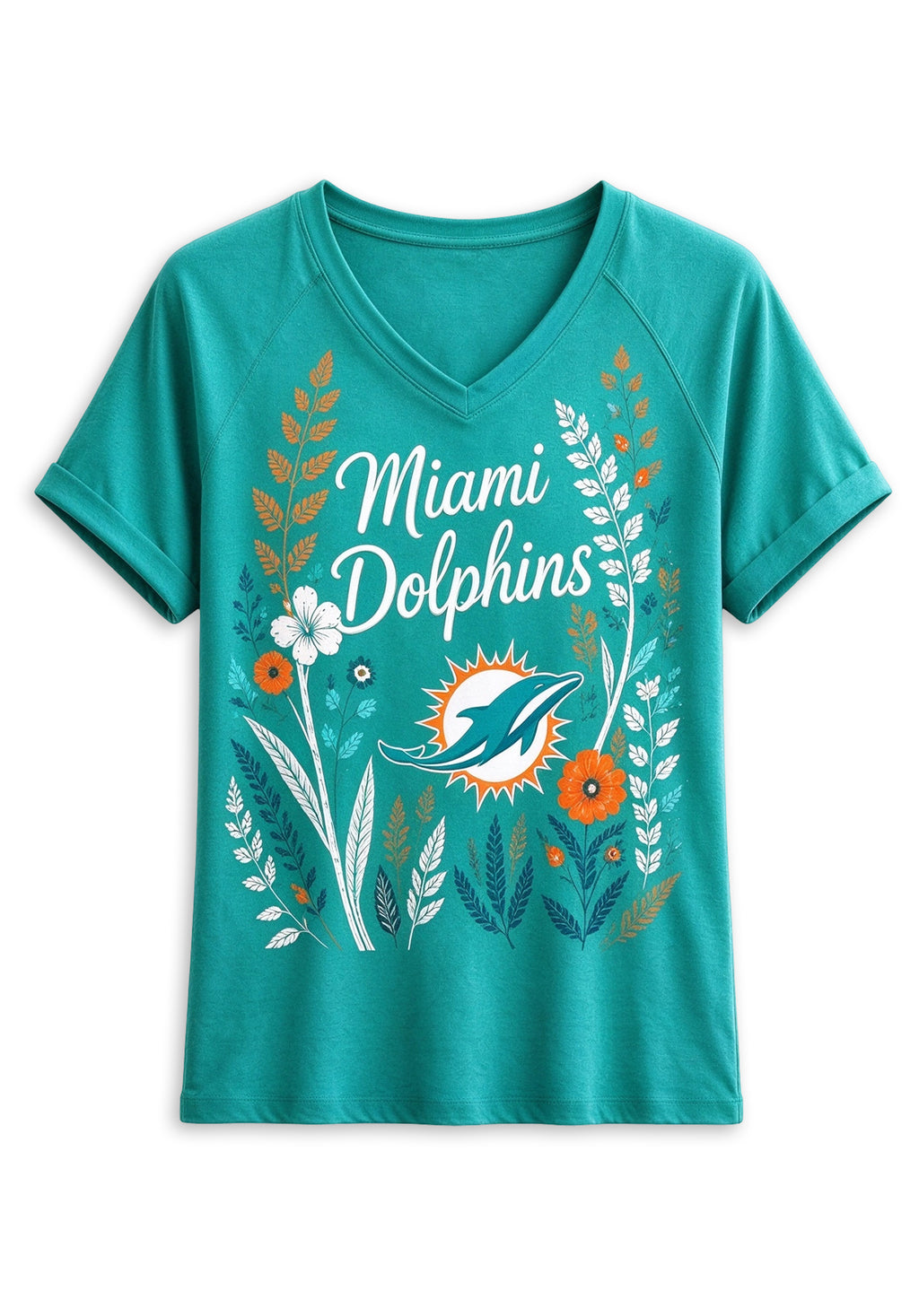 Women's Miami Dolphins Wildflower Graphic V-Neck Raglan Rolled T-Shirt