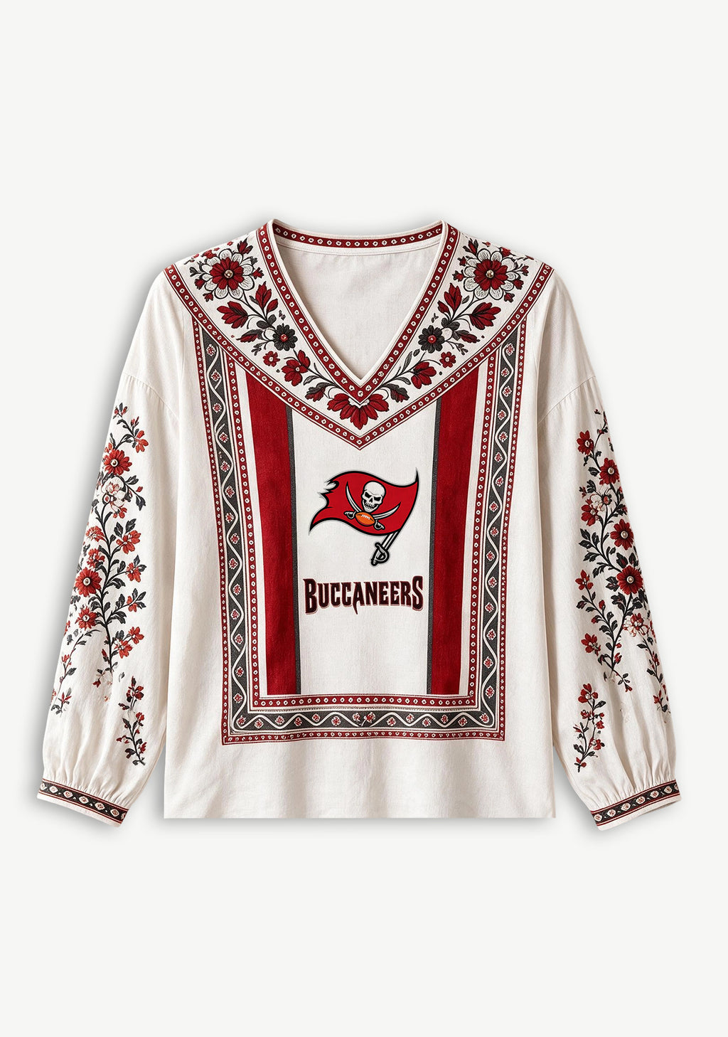 Tampa Bay Buccaneers Boho Floral Printed V-Neck Long Sleeve Shirt