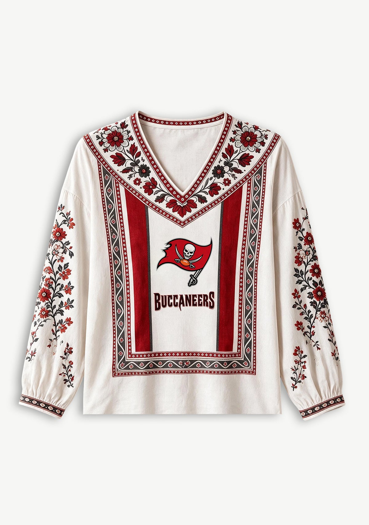 Tampa Bay Buccaneers Boho Floral Printed V-Neck Long Sleeve Shirt